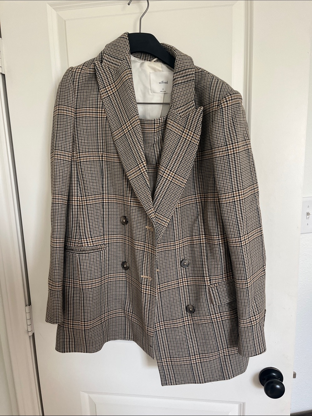 Wilfred Plaid Double-Breasted Blazer and Skirt Set in Beige and Brown